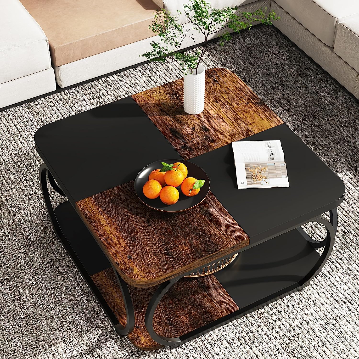 Square Coffee Table, 39" Central Cocktail Table with 2-Tier Shelves Tribesigns